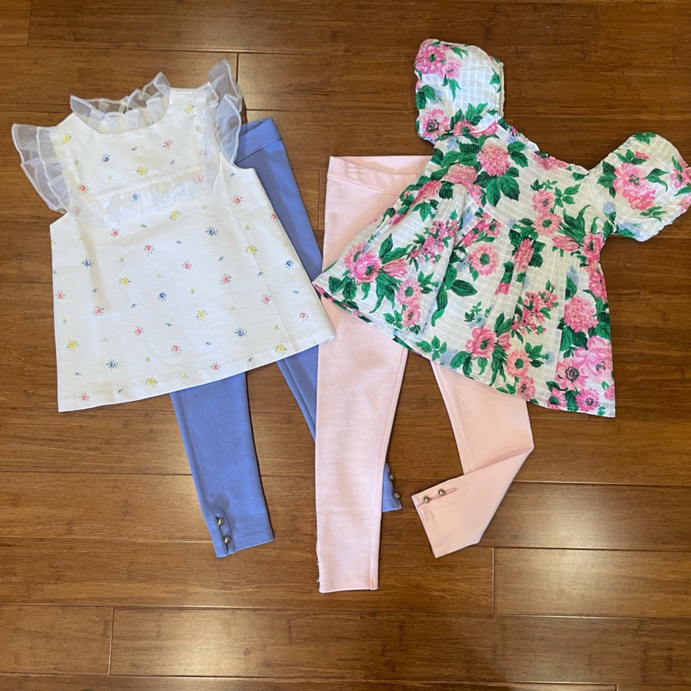 Janie and Jack Floral and Ruffle Kids Matching Set - White, Pink, Blue
